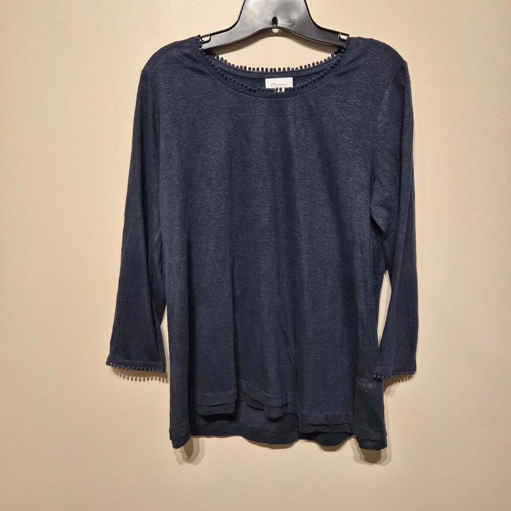 J. Jill Love Linen Small Navy Blue Tunic Top Fringed Neckline and Sleeves